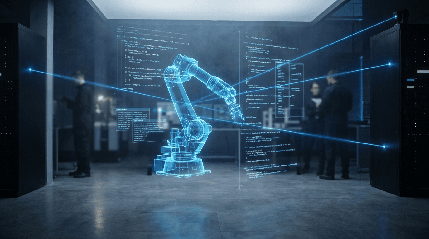 A cinematic, high-contrast photograph of a robotic engineering lab at night. A large industrial robotic arm is positioned in the center of the frame, surrounded by high-tech servers and glowing blue holographic displays of complex code and 3D schematics. The lighting is moody with sharp highlights on the metallic surfaces and a deep, obsidian black background. Engineers in dark, technical uniforms move in the background as motion-blurred silhouettes.